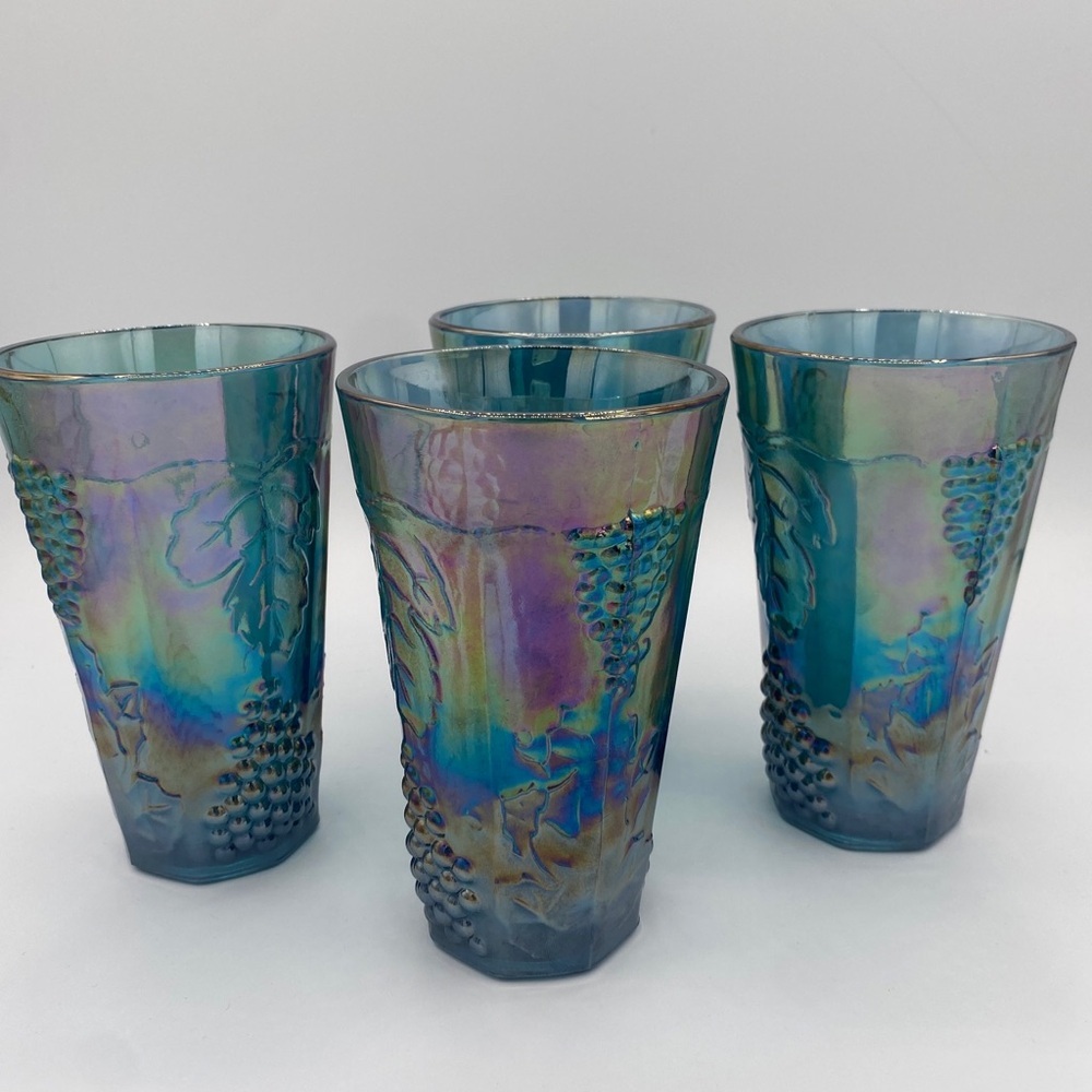 Vintage Indiana Carnival Glass Colony Harvest Grape Blue Tumblers Set Of 4 - Picture 5 of 5